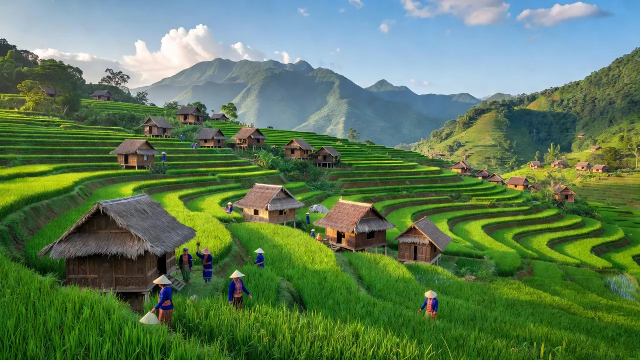 Khung cảnh Ea Bá, huyện Sông Hinh, tỉnh Phú Yên, với đồng ruộng xanh tươi và nhà sàn truyền thống.