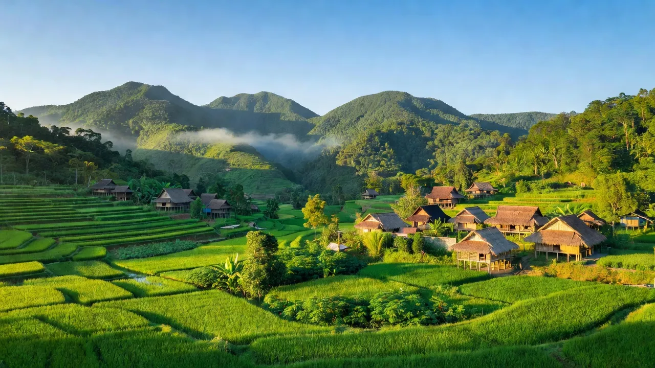 Cảnh quan xanh tươi tại xã EaBar, Sông Hinh, Phú Yên, với núi và làng truyền thống.