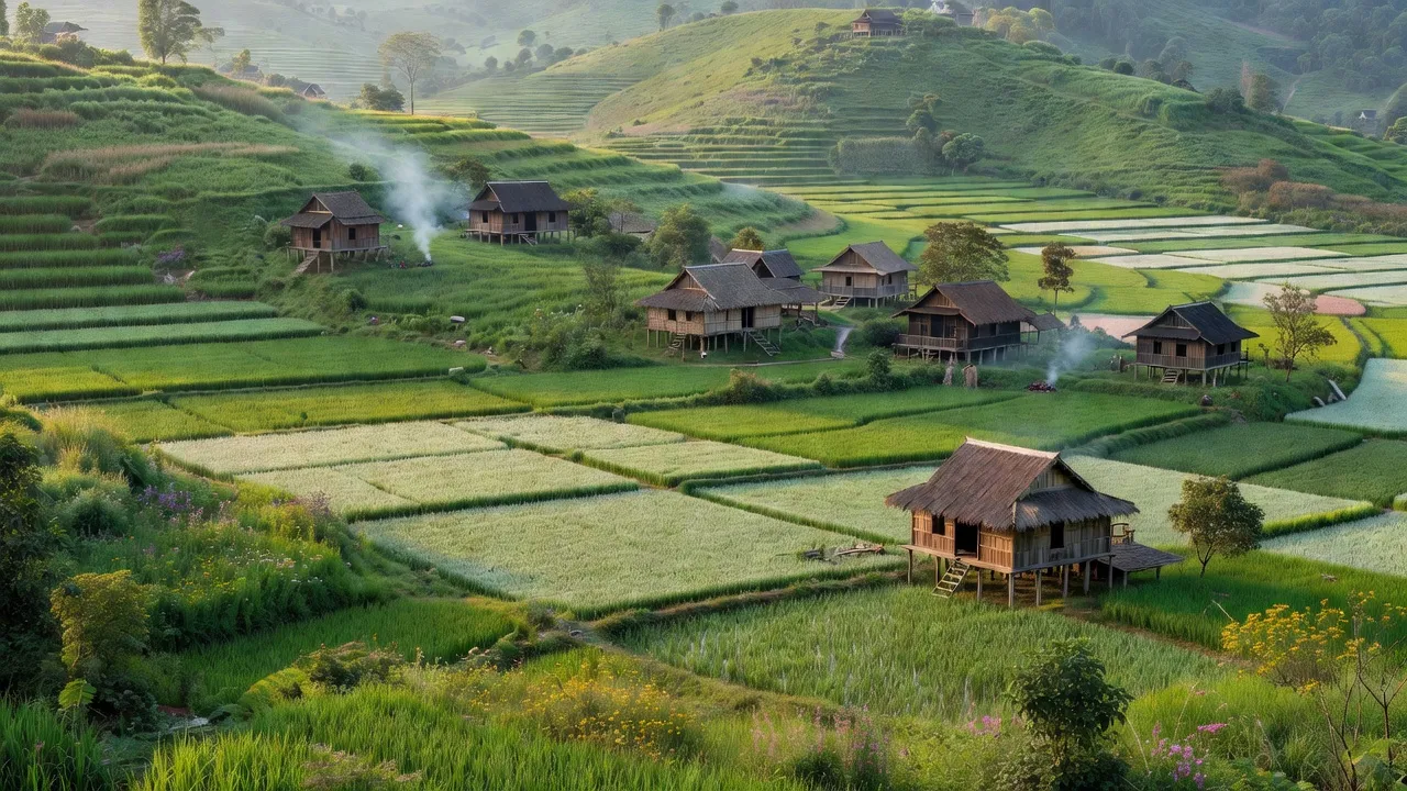 Khung cảnh xã EaBar, huyện Sông Hinh, Phú Yên, với buôn làng và cánh đồng xanh, đời sống nông nghiệp.