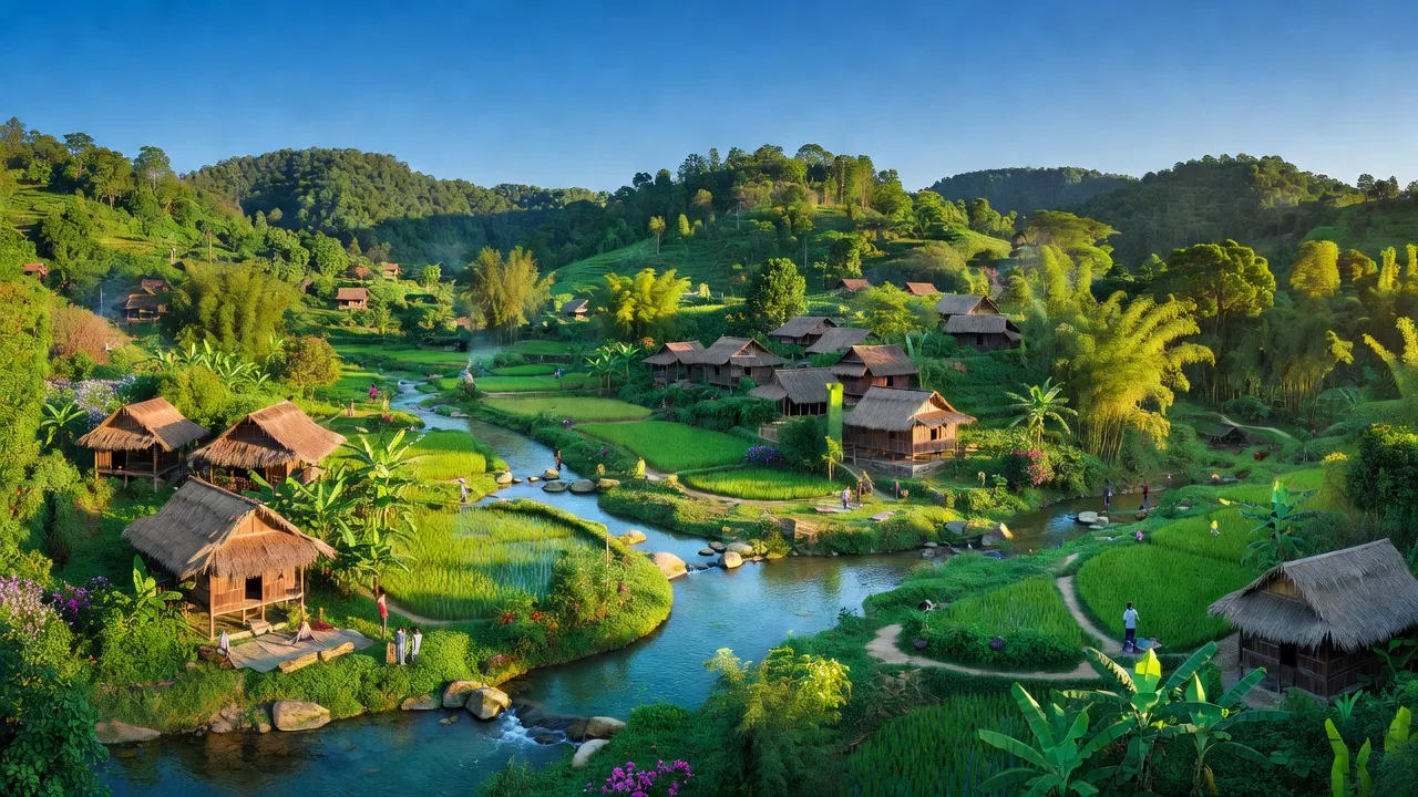 Khung cảnh làng EaBia, huyện Sông Hinh, tỉnh Phú Yên với đồi núi xanh mát và sông.