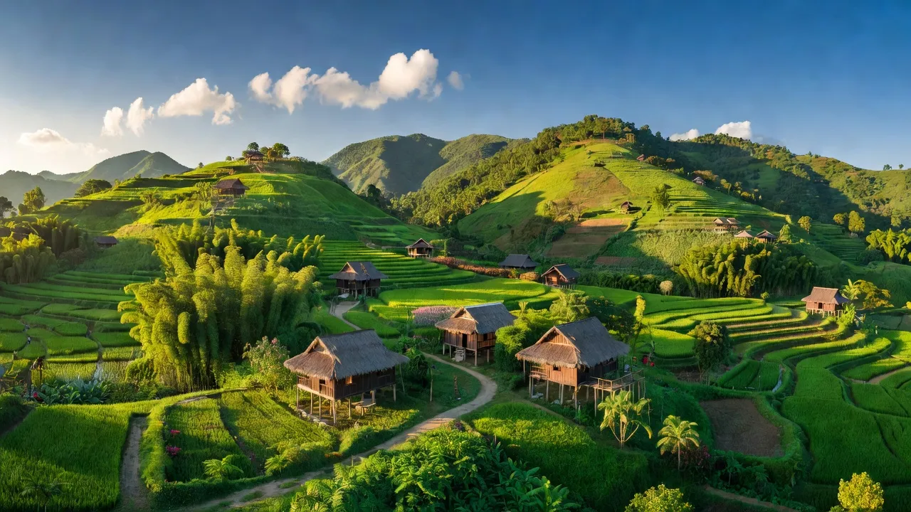 Cảnh đẹp Xã Ealy, huyện Sông Hinh, tỉnh Phú Yên với núi xanh và nhà truyền thống.