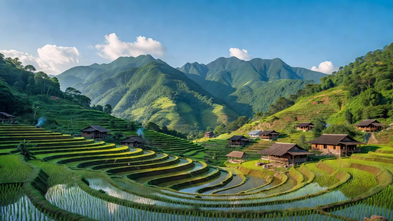 Khung cảnh xã EaTrol, huyện Sông Hinh, tỉnh Phú Yên với núi non và nhà gỗ truyền thống.