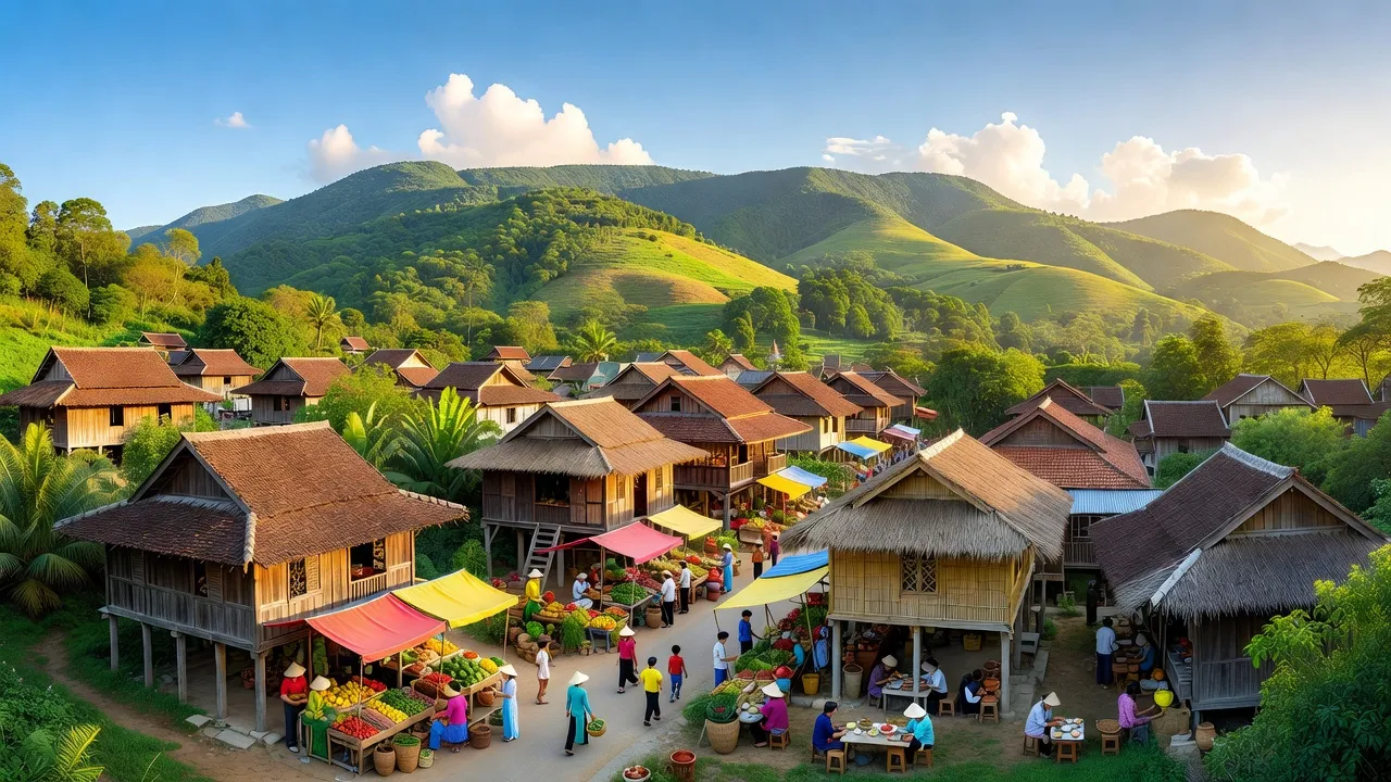 Khung cảnh thị trấn Hai Riêng, huyện Sông Hinh, tỉnh Phú Yên với núi non và cuộc sống hàng ngày.
