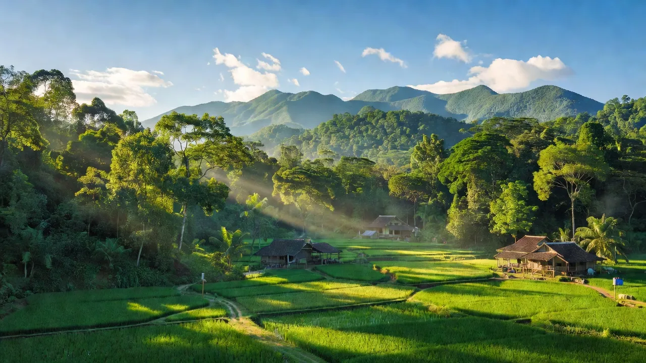 Phong cảnh xã Sơn Giang, huyện Sông Hinh, tỉnh Phú Yên với núi rừng xanh và cánh đồng lúa.