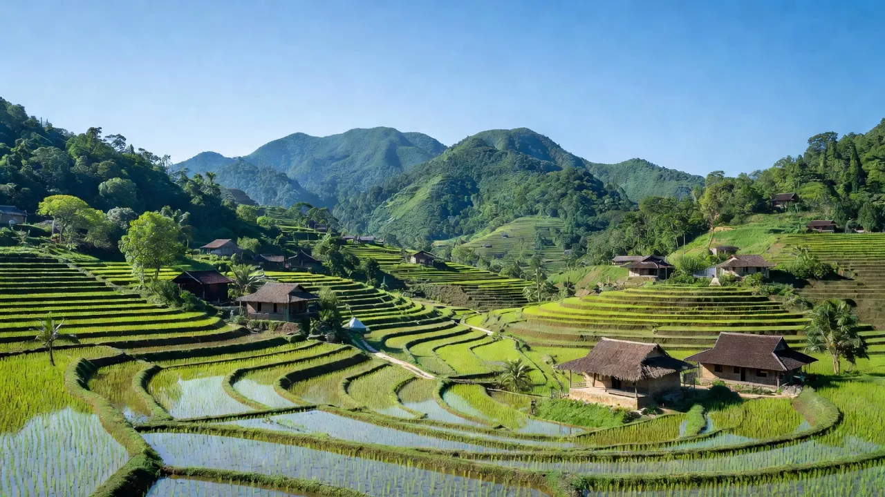 Quang cảnh xã Sơn Giang huyện Sông Hinh, tỉnh Phú Yên với núi xanh và ruộng bậc thang.