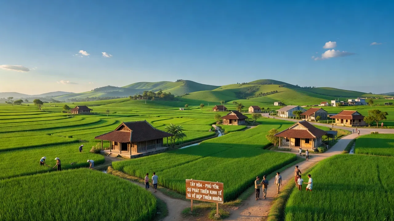 Khung cảnh huyện Tây Hòa, Phú Yên với cánh đồng xanh và bầu trời trong xanh.