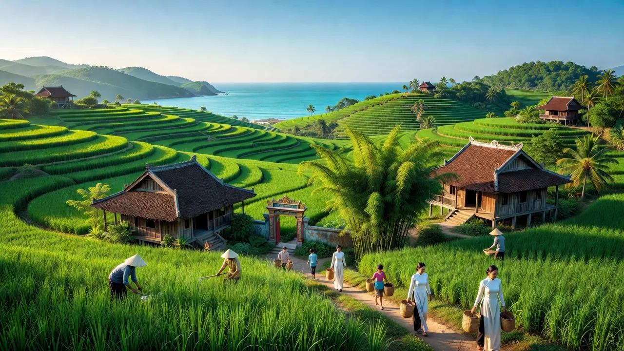 Khung cảnh huyện Tây Hòa, Phú Yên với thiên nhiên xanh tươi và kiến trúc văn hóa địa phương.