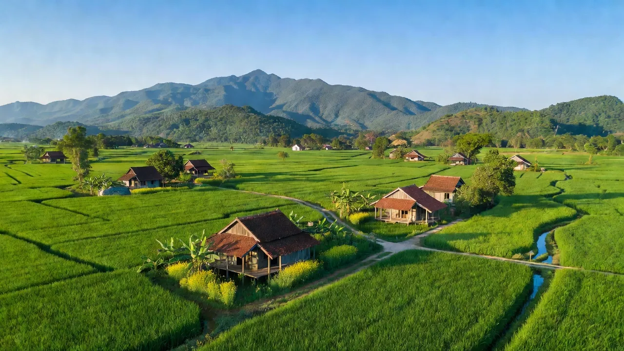 Cảnh đẹp Xã Hòa Bình 1, Huyện Tây Hoà, Phú Yên với cánh đồng xanh và nhà truyền thống.