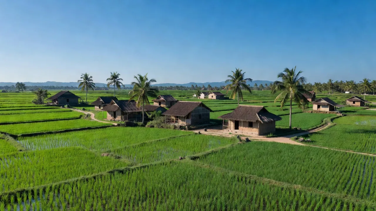 Cảnh đẹp Xã Hòa Bình 1, huyện Tây Hòa, tỉnh Phú Yên với cánh đồng xanh tươi và nhà cổ truyền.