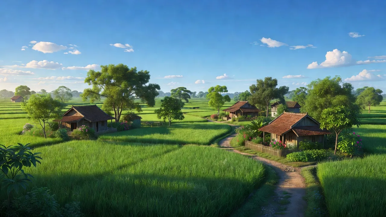 Cảnh đồng xanh, nhà truyền thống tại xã Hòa Đồng, huyện Tây Hòa, Phú Yên, Việt Nam.