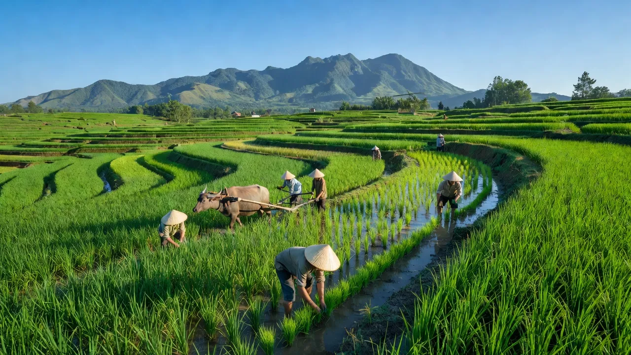 Cảnh sắc hữu tình xã Hòa Đồng, huyện Tây Hoà, tỉnh Phú Yên với cánh đồng xanh và núi.