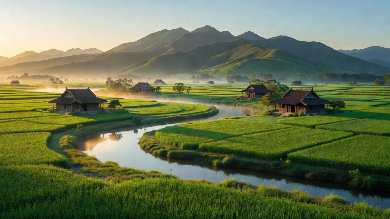 Cảnh đồng xanh và dòng sông tại xã Hòa Mỹ Đông, Tây Hoà, Phú Yên, Việt Nam.