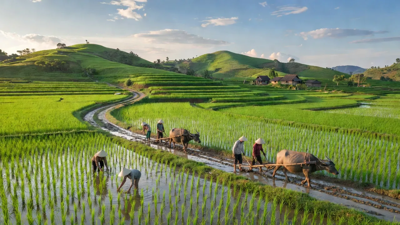 Cảnh đẹp Xã Hòa Mỹ Tây, huyện Tây Hòa, tỉnh Phú Yên với cánh đồng xanh và đồi núi thấp.