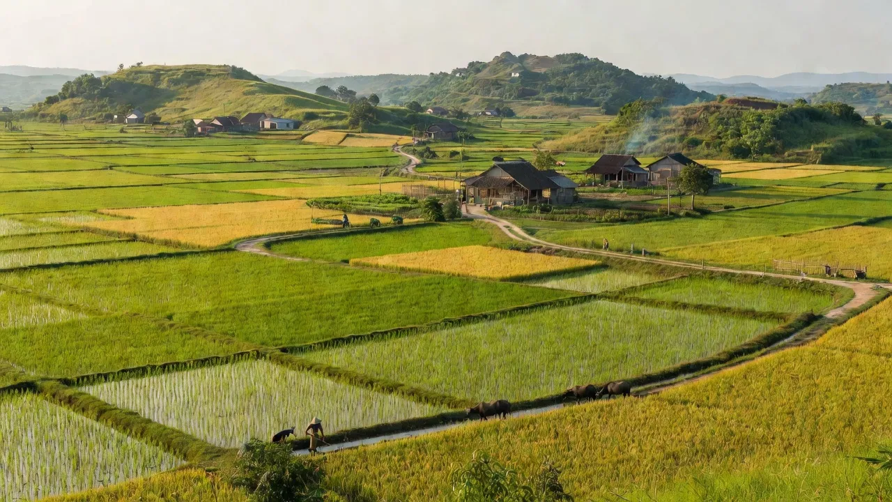 Cảnh quan Xã Hòa Mỹ Tây, Tây Hoà, Phú Yên với đồng bằng và đồi núi xanh tươi.