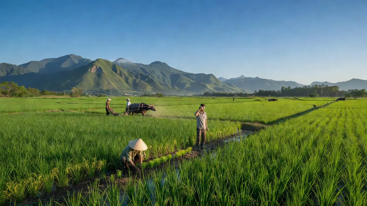 Cảnh quan nông thôn xã Hòa Phong, Tây Hòa, Phú Yên với đồng ruộng và núi non xanh tươi.
