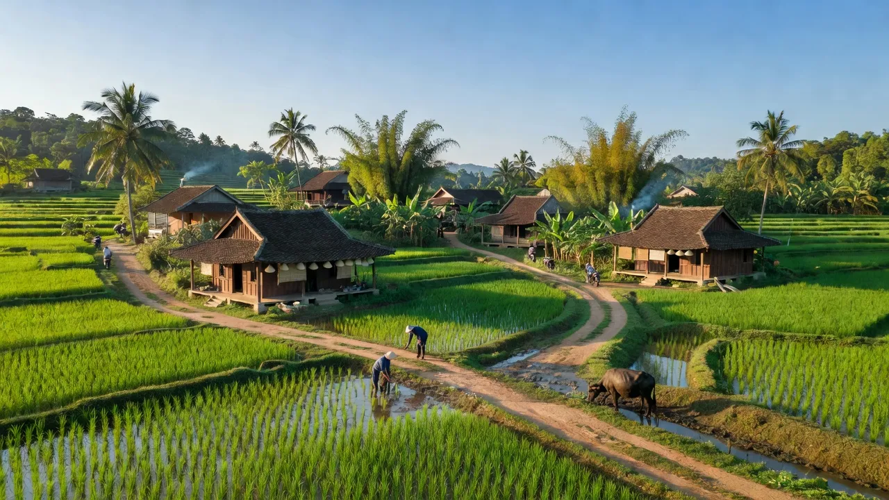 Khung cảnh làng Hòa Phong, Tây Hòa, Phú Yên với đồng lúa và nhà truyền thống.