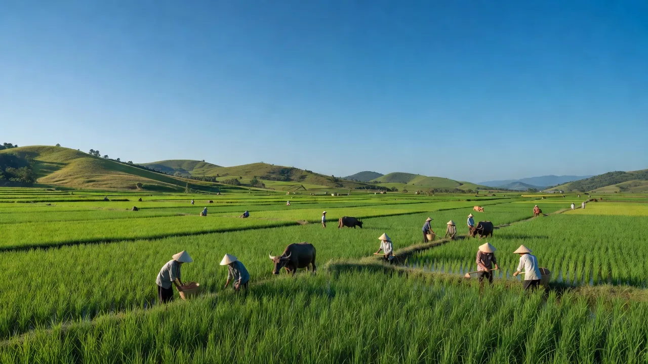 Cảnh đẹp nông thôn xã Hòa Phú, Tây Hòa, Phú Yên với cánh đồng xanh và người dân làm việc.