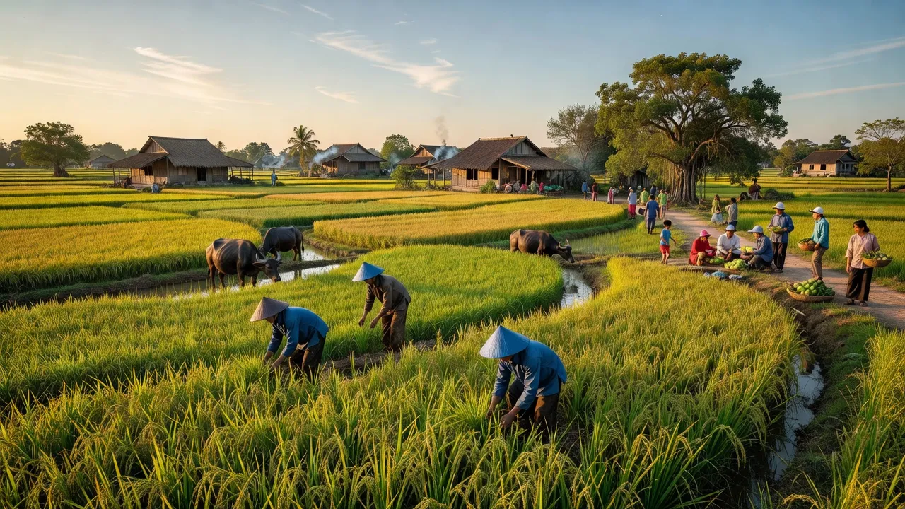 Cảnh quan xã Hòa Phú, huyện Tây Hòa, Phú Yên với cánh đồng xanh và nhà truyền thống.