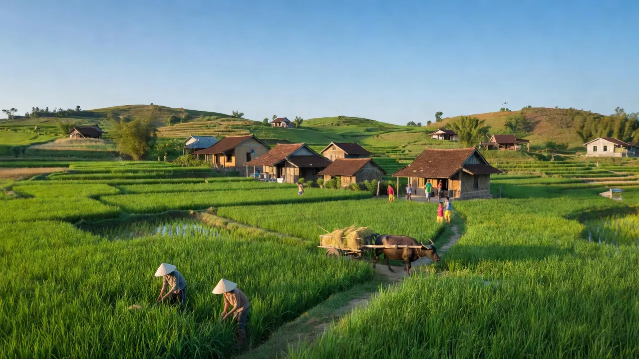 Khung cảnh xã Hòa Tân Tây, huyện Tây Hòa, tỉnh Phú Yên với đồng bằng và đồi núi thấp.