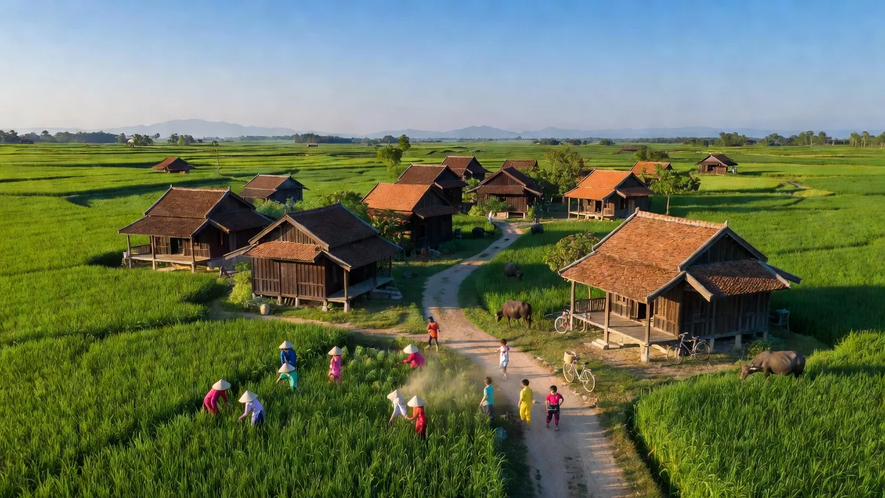 Cảnh đẹp xã Hòa Thịnh, huyện Tây Hòa, tỉnh Phú Yên với ruộng xanh và nhà truyền thống.