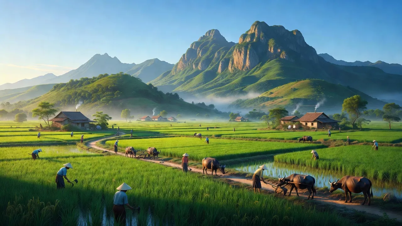 Cảnh đẹp Sơn Thành Đông, Tây Hòa, Phú Yên với cánh đồng và núi, thể hiện cuộc sống bình yên.