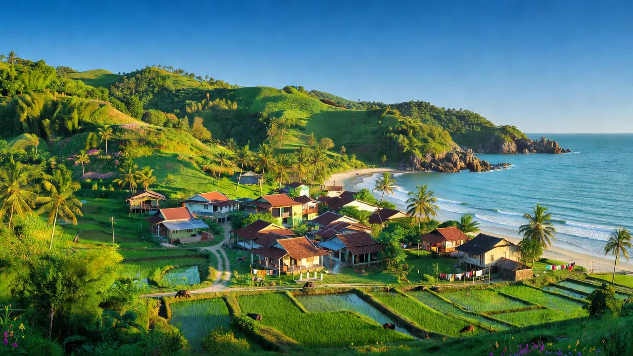 Khung cảnh huyện Tuy An, tỉnh Phú Yên với đồi xanh, biển cả và làng quê yên bình.