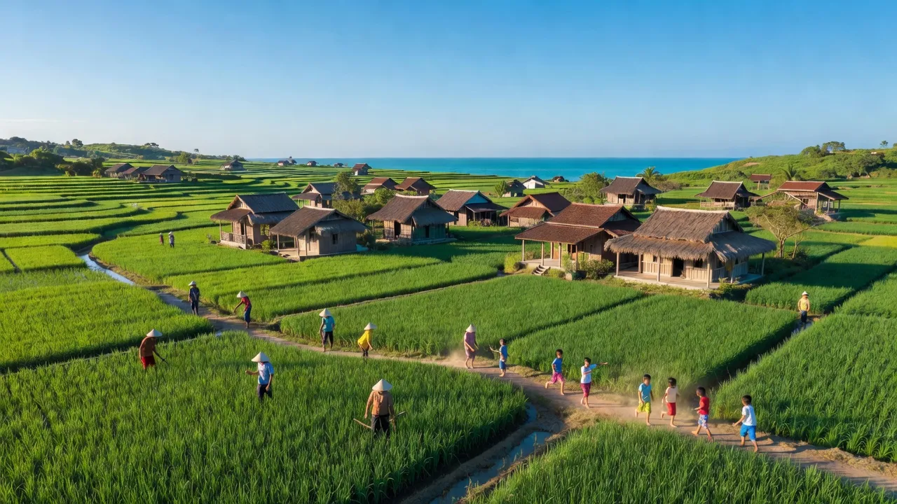 Toàn cảnh huyện Tuy An, Phú Yên với phong cảnh xanh tươi và cuộc sống địa phương sôi động.