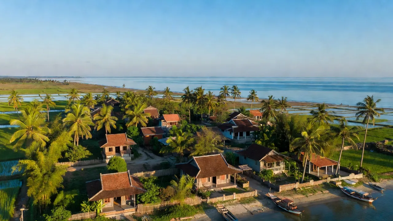 Cảnh biển xã An Chấn, huyện Tuy An, tỉnh Phú Yên với nhà truyền thống và thiên nhiên tươi đẹp.