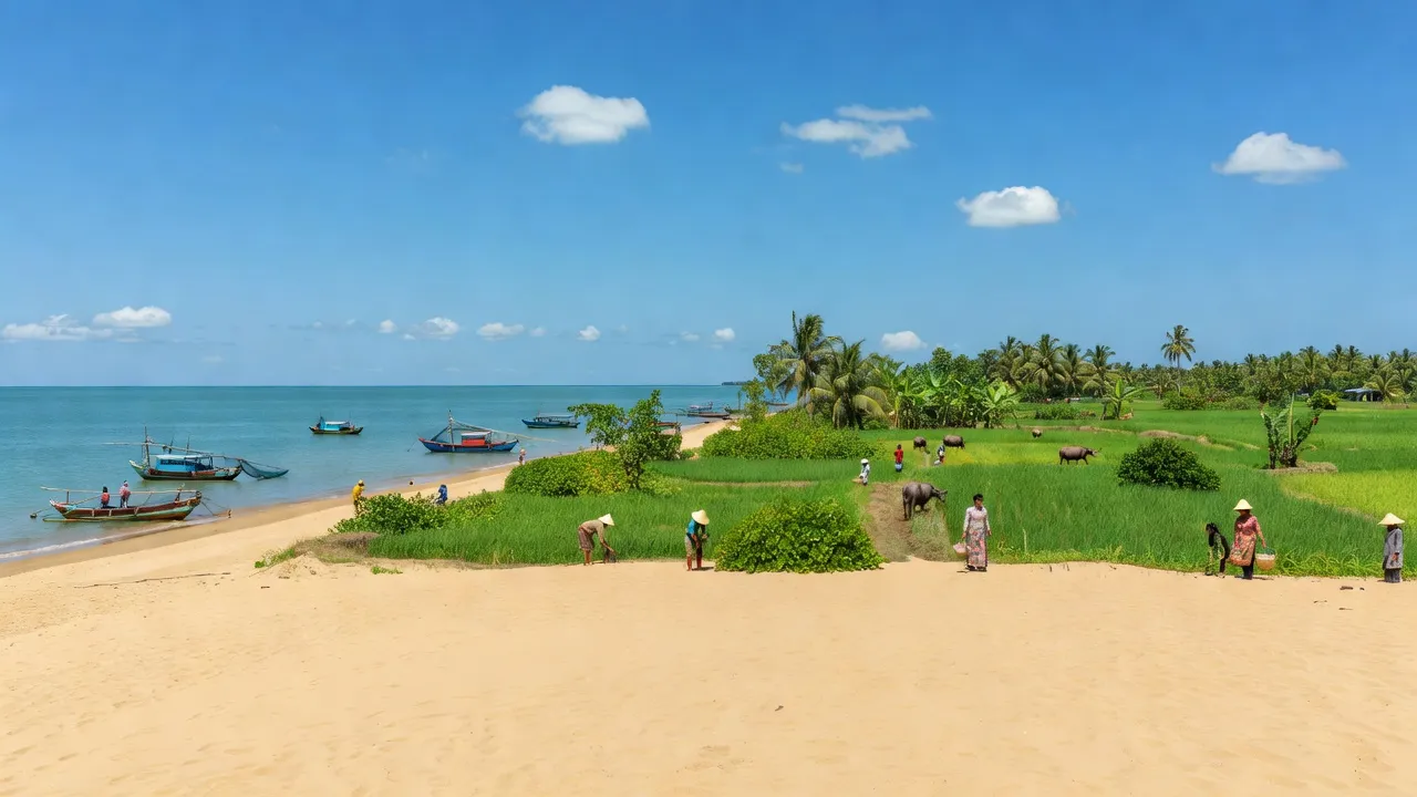 Cảnh biển Xã An Cư, Huyện Tuy An, với đồng ruộng, bãi cát vàng, cây xanh và bầu trời trong xanh.