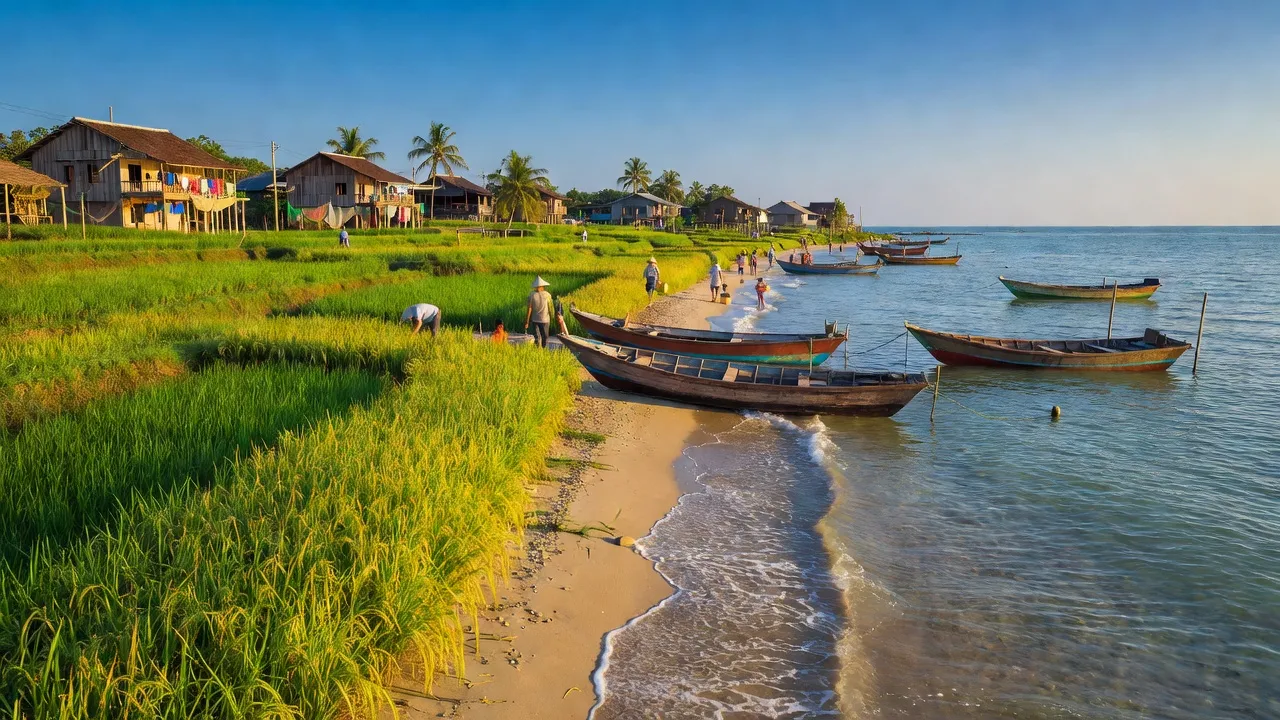 Khung cảnh làng An Cư, huyện Tuy An, Phú Yên với đồng lúa và biển cả tuyệt đẹp.