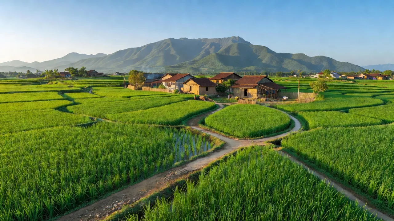 Khung cảnh yên bình xã An Hiệp, huyện Tuy An, tỉnh Phú Yên với cánh đồng xanh mướt.