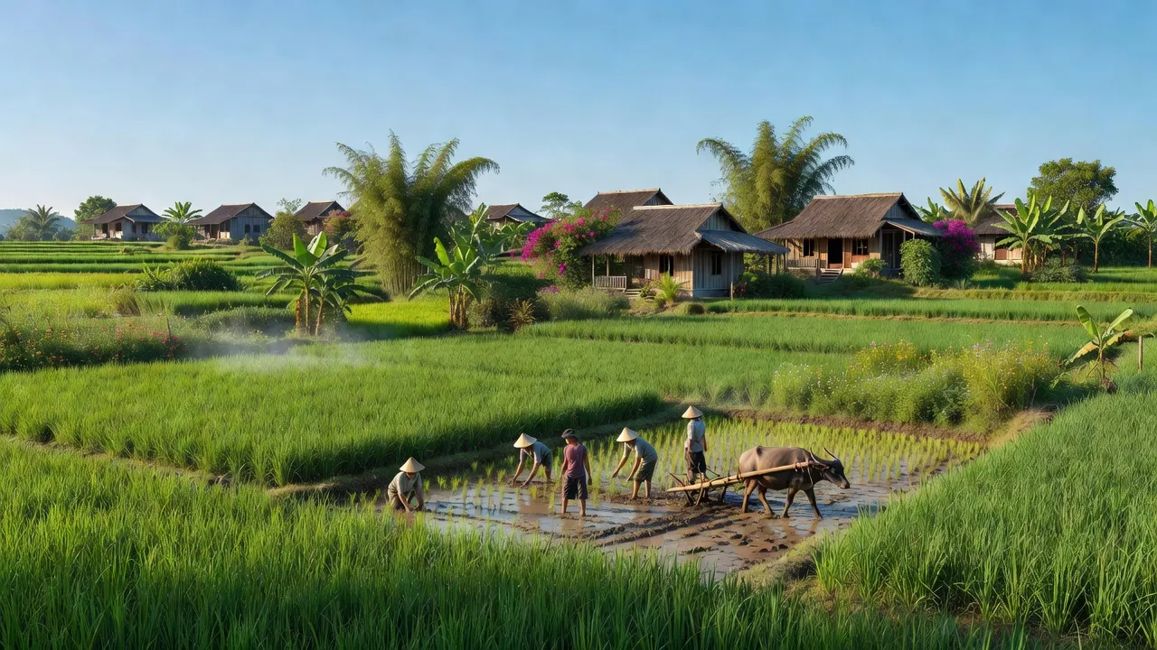 Cảnh làng An Lĩnh, huyện Tuy An, tỉnh Phú Yên, với cánh đồng xanh tươi và nhà truyền thống.