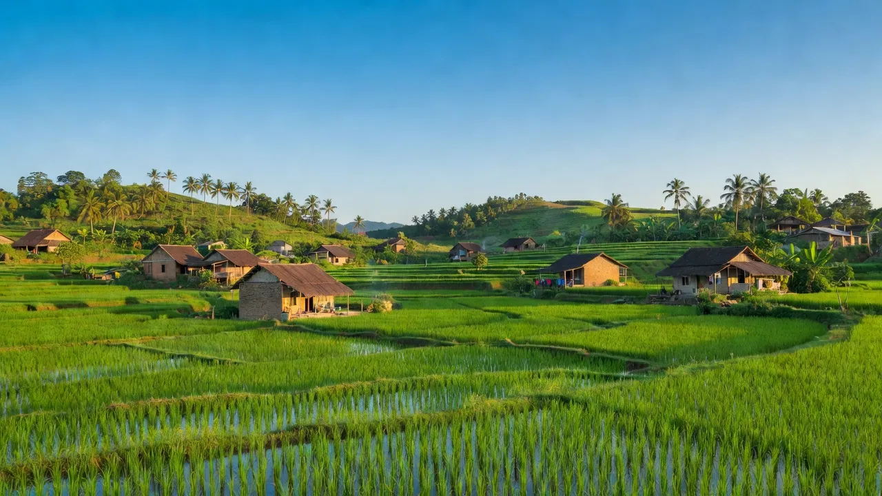 Cảnh quan Xã An Lĩnh, Huyện Tuy An, Tỉnh Phú Yên với ruộng lúa và nhà truyền thống.