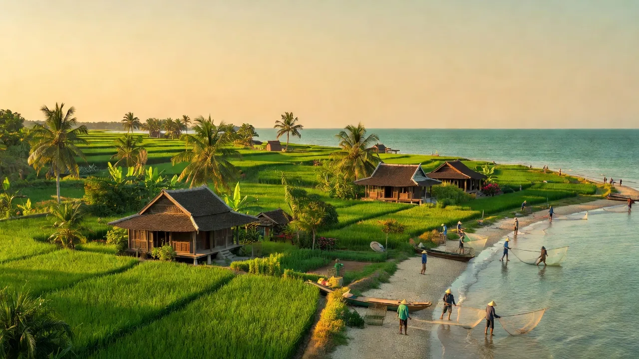 Khung cảnh bình yên tại xã An Mỹ, huyện Tuy An, tỉnh Phú Yên với bãi biển và nhà cửa truyền thống.
