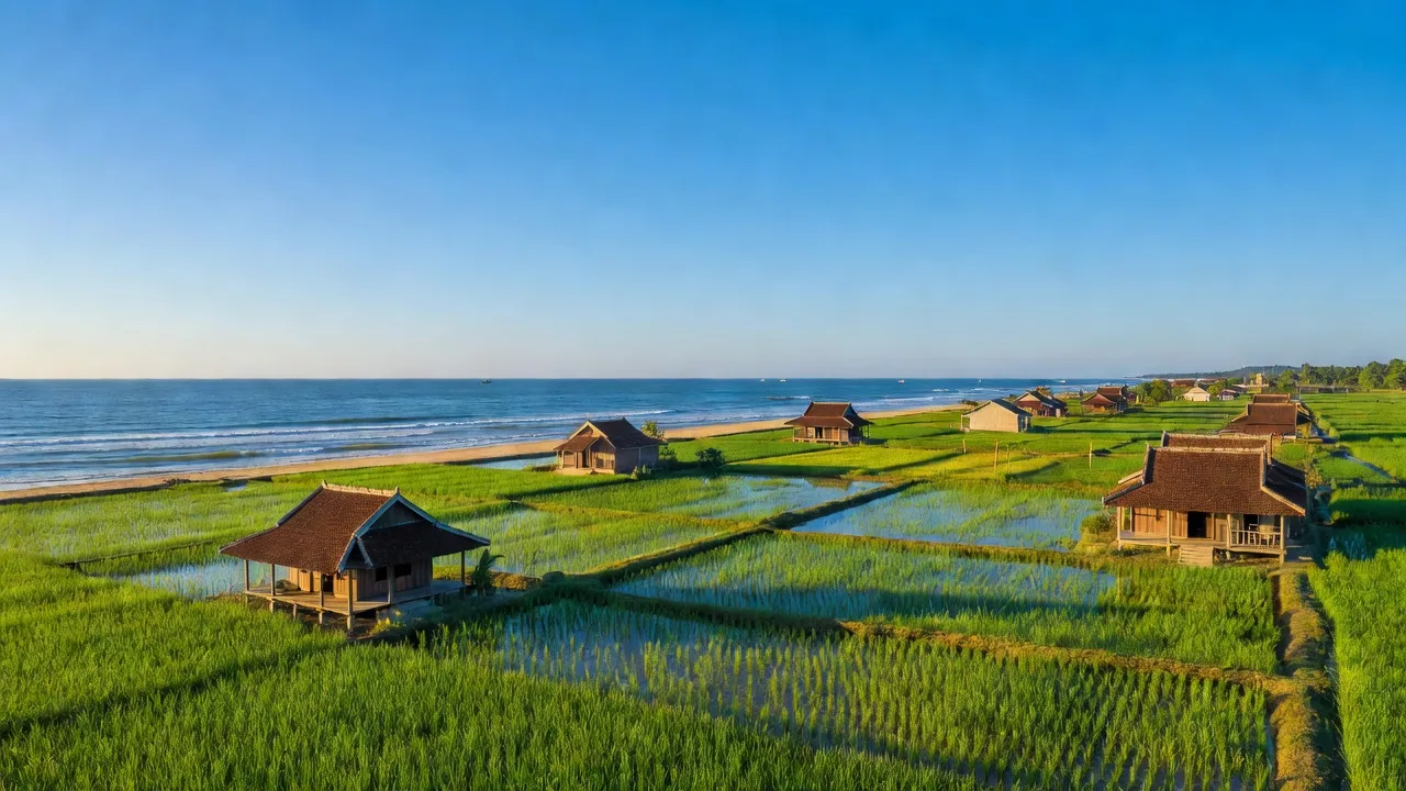 Xã An Mỹ, huyện Tuy An với cảnh biển và ruộng lúa xanh tươi, thể hiện vẻ đẹp tự nhiên Phú Yên.