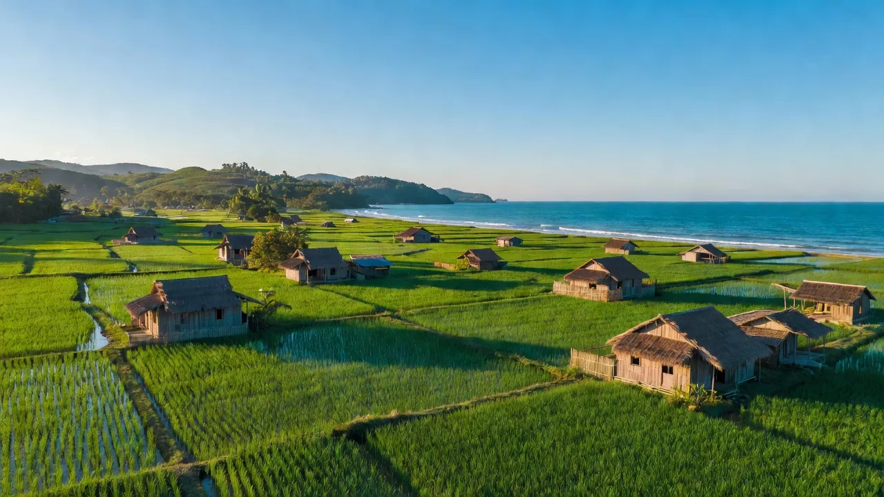 Khung cảnh đẹp tại xã An Nghiệp, huyện Tuy An, tỉnh Phú Yên, với cánh đồng xanh và nhà truyền thống.
