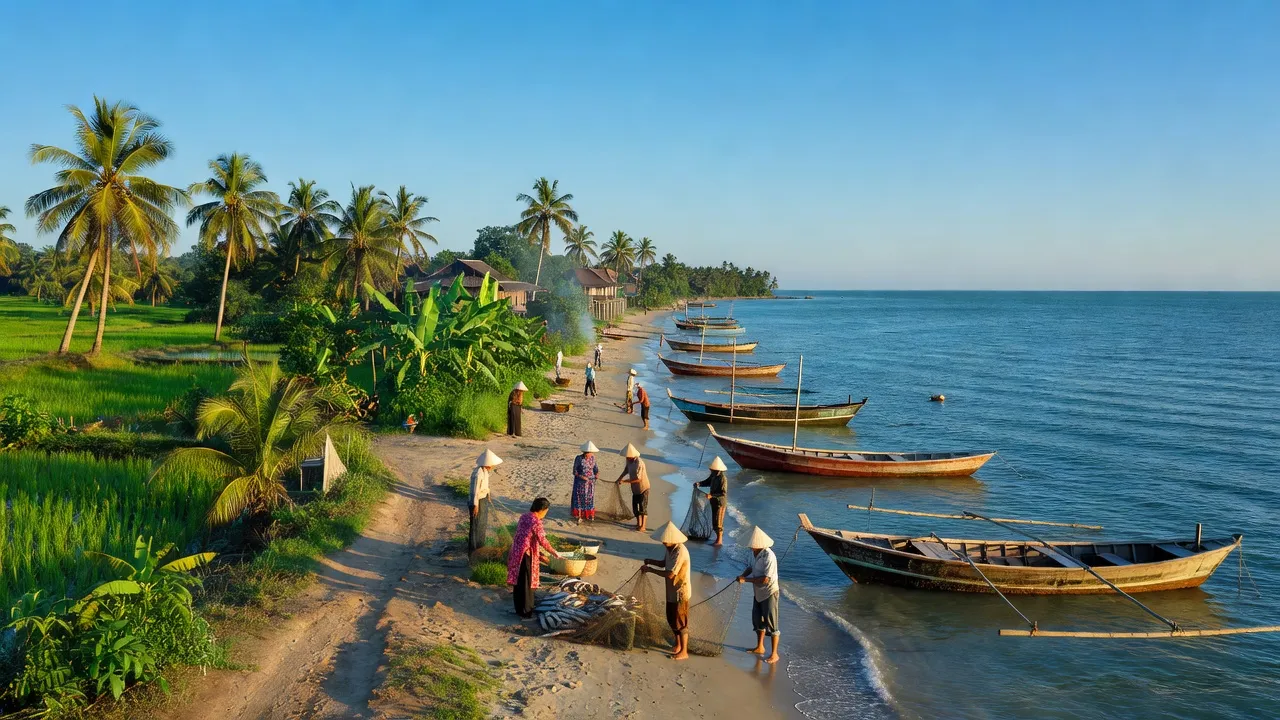 Khung cảnh An Ninh Đông, Tuy An, Phú Yên, nông thôn xanh tươi, biển và cuộc sống người dân địa phương.