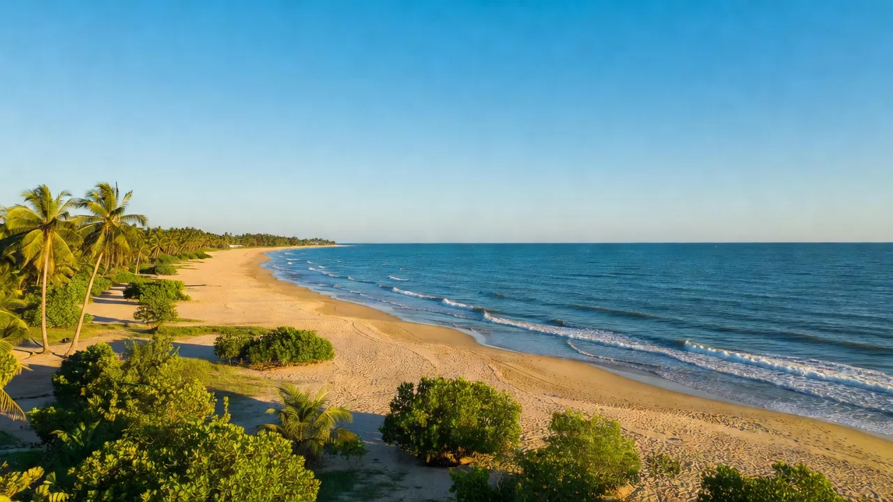 Bãi biển An Ninh Tây, Tuy An, Phú Yên với bãi cát vàng và cây cối xanh, không gian yên bình.