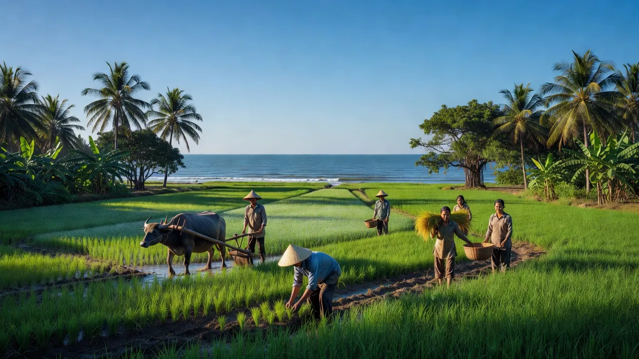 Cảnh đồng xanh và biển An Thạch, Tuy An, Phú Yên, cuộc sống nông nghiệp ven biển.
