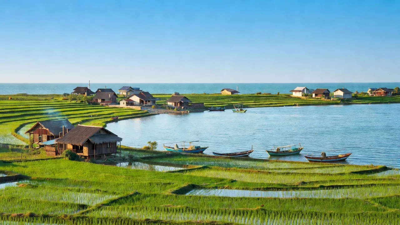 Cảnh quan xã An Thạch, huyện Tuy An, tỉnh Phú Yên với đồng lúa xanh và biển