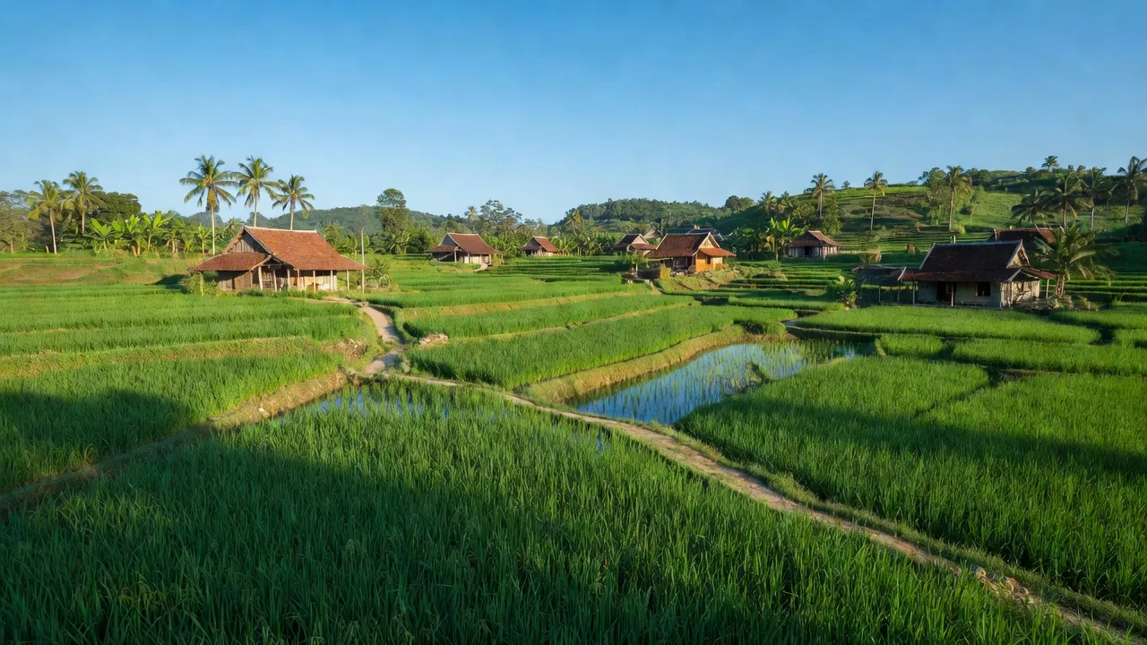 Quang cảnh nông thôn Xã An Xuân, huyện Tuy An, Phú Yên với cánh đồng xanh và nhà truyền thống.