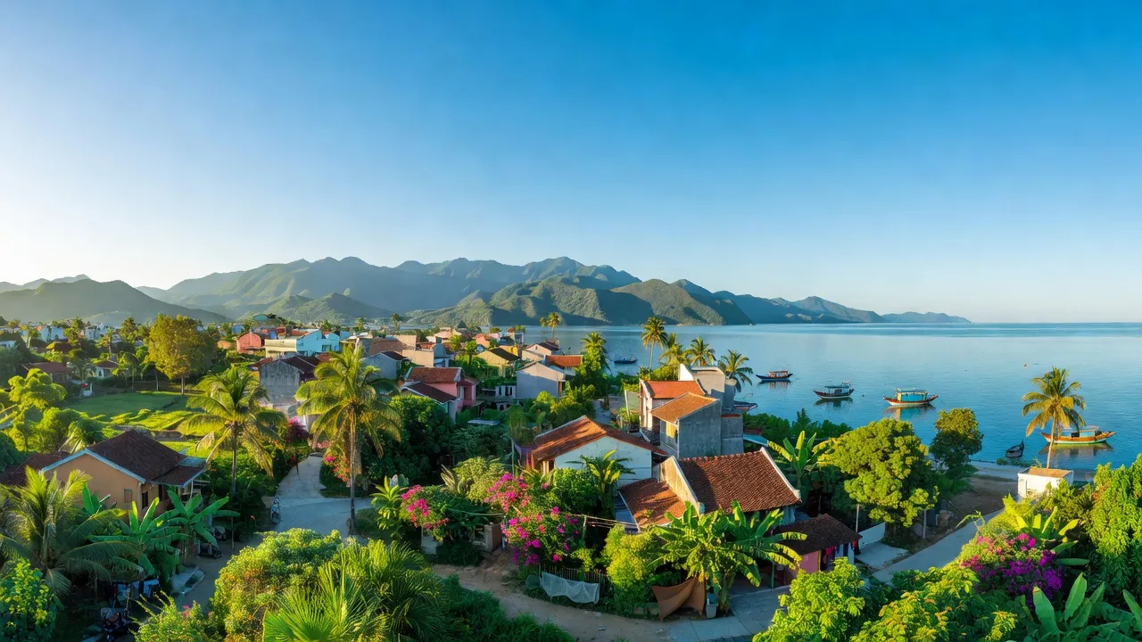 Thị trấn Chí Thạnh, Tuy An, Phú Yên với cảnh đẹp tự nhiên, cây xanh và bầu trời trong xanh.