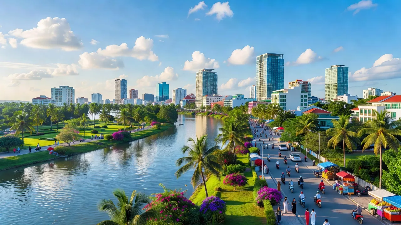 Thành phố Tuy Hòa, Phú Yên với sông Ba, đời sống đô thị sôi động, trời nắng đẹp.