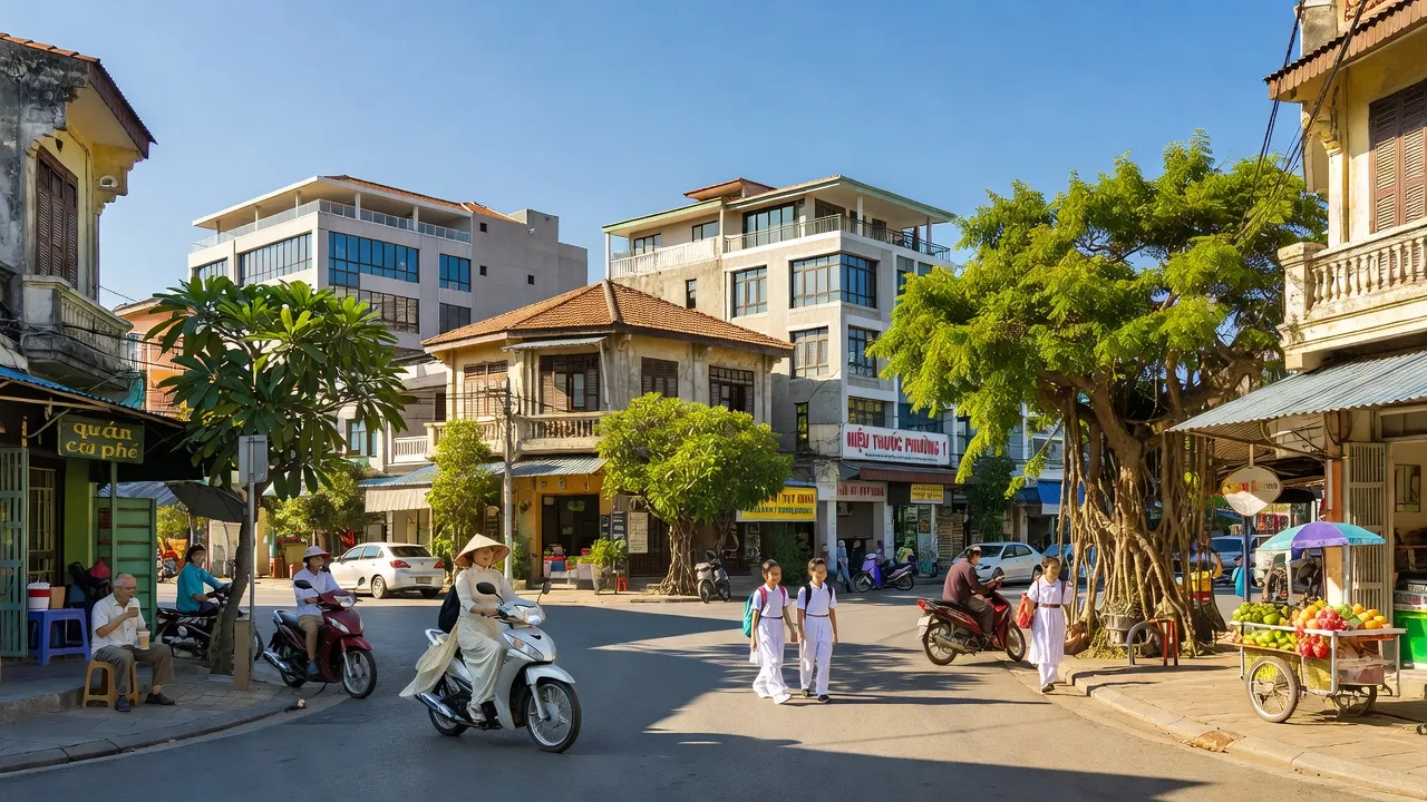 Cảnh quan phường 1, thành phố Tuy Hoà, Phú Yên với tòa nhà, cây cối và bầu trời xanh.