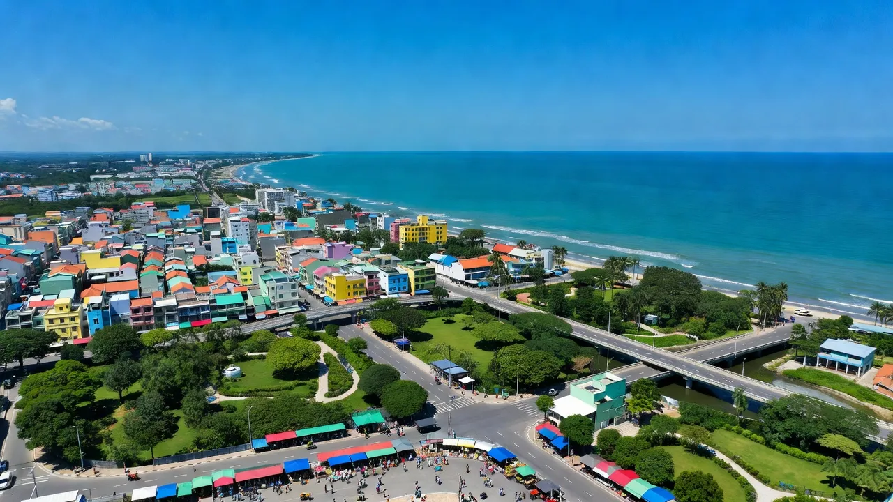 Khung cảnh Phường 2, Thành phố Tuy Hòa, bờ biển và khu dân cư nhộn nhịp bên Biển Đông.
