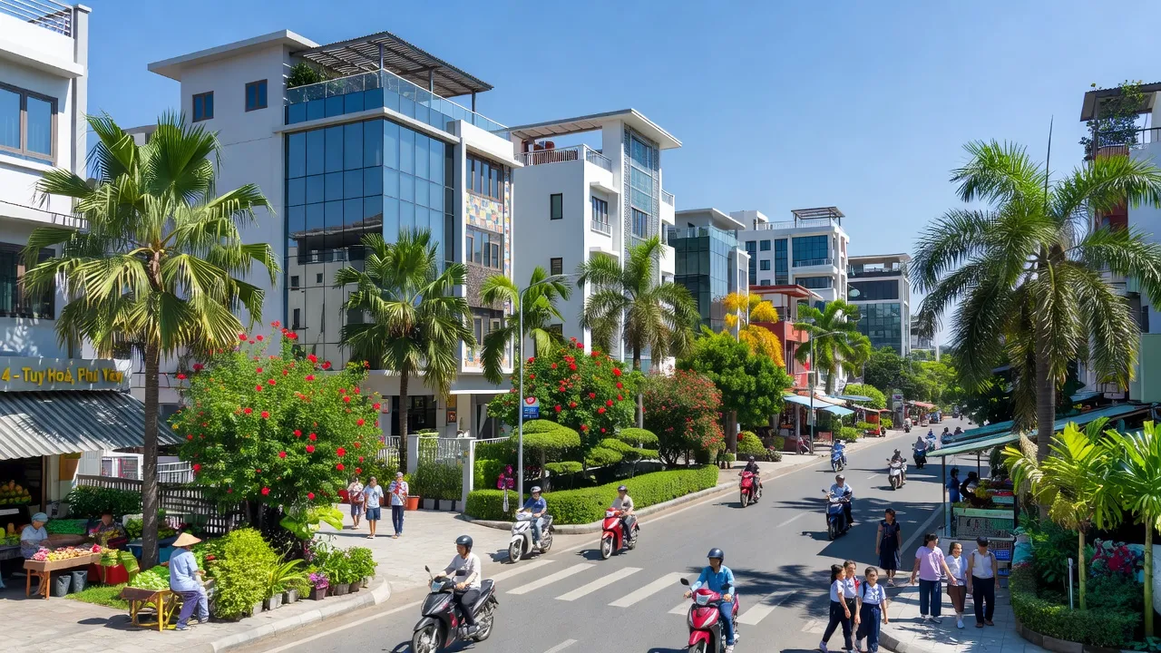 Khung cảnh Phường 4, Tuy Hòa với đường phố, nhà hiện đại và cây xanh trong ánh nắng