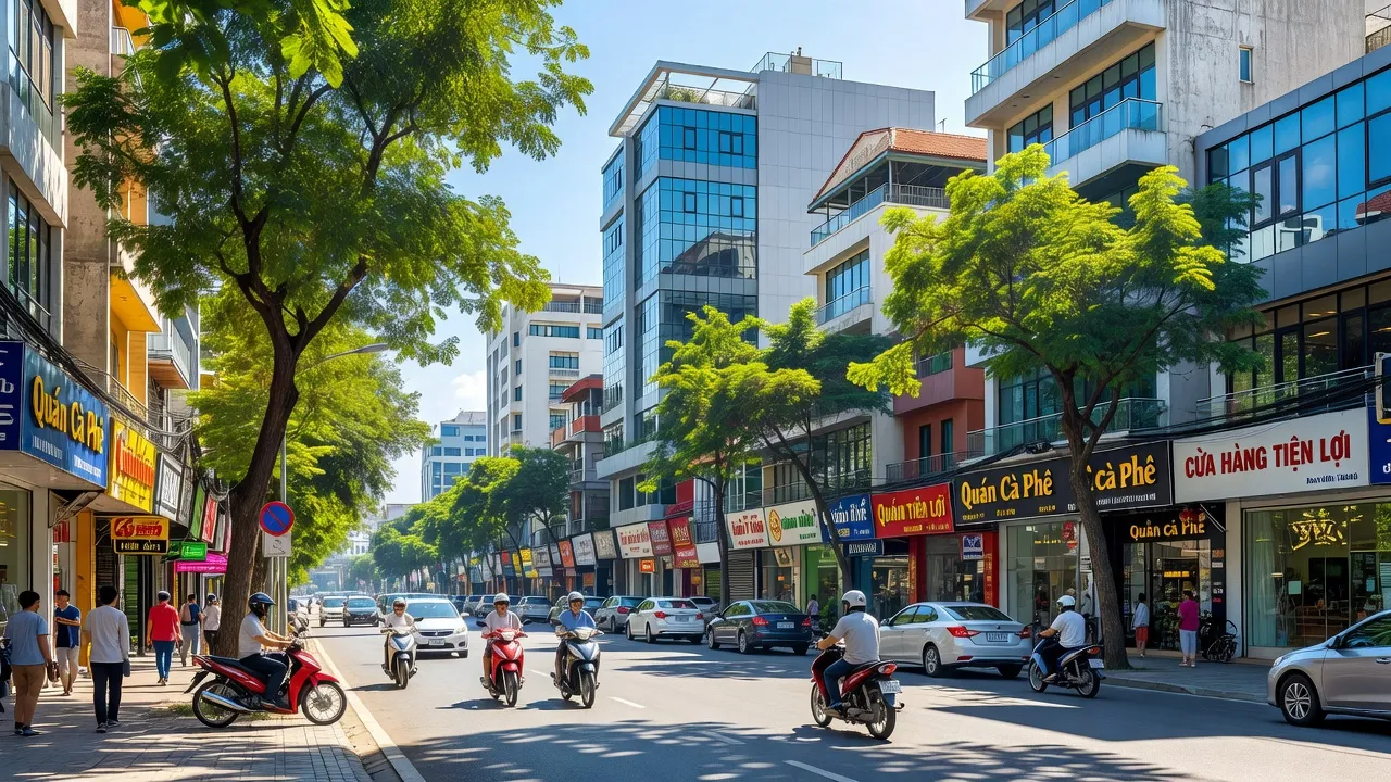 Không gian đô thị nhộn nhịp tại Phường 7, Tuy Hòa, Phú Yên với đường phố và cây xanh.
