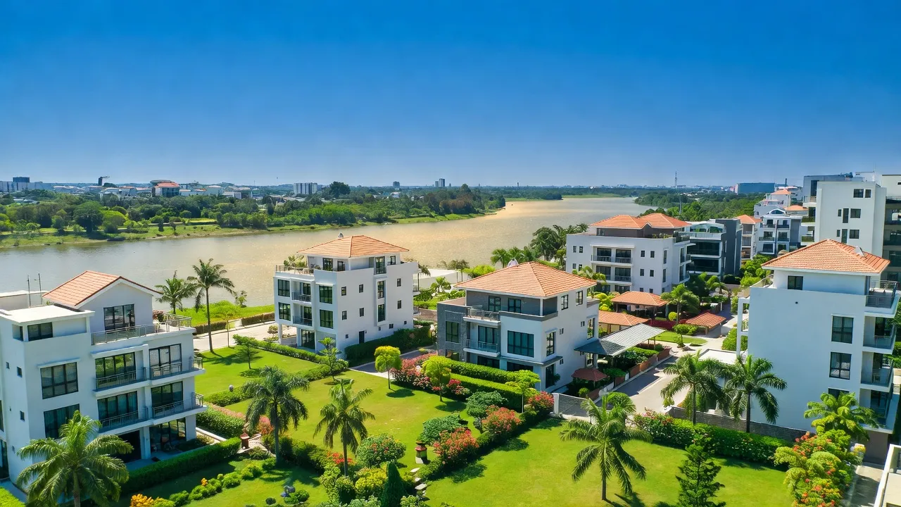 Phường 9, Tuy Hoà, Phú Yên with modern homes along the Ba River, sunny weather.