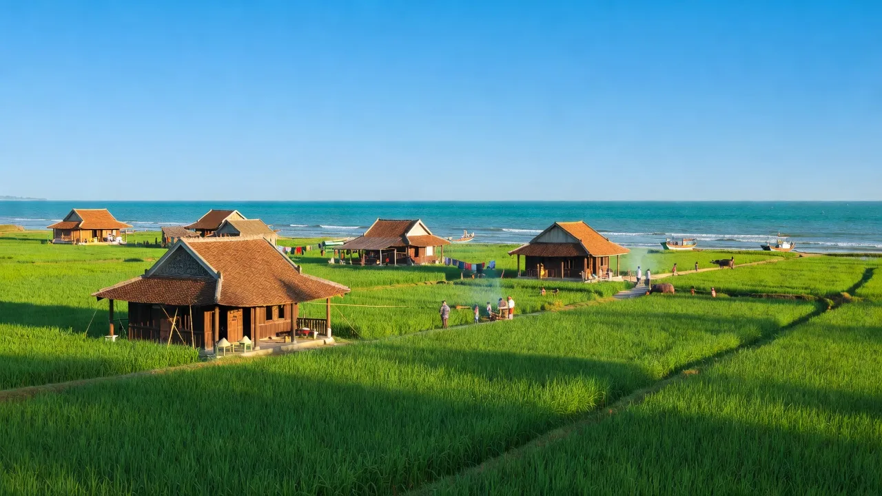 Cảnh quan xã An Phú, thành phố Tuy Hòa, tỉnh Phú Yên với nhà truyền thống và bầu trời xanh.