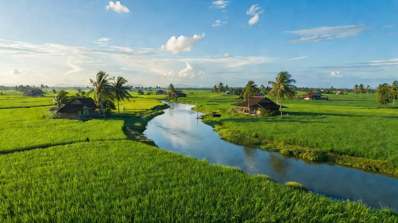 Khung cảnh xã Hòa Kiến, Tuy Hòa, Phú Yên với sông Ba và cánh đồng xanh, trời trong.